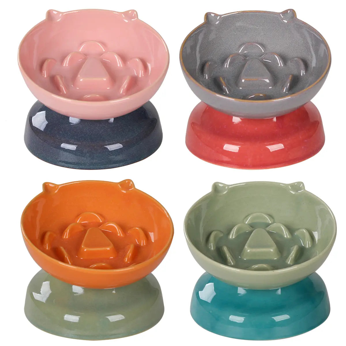 Ceramic Slow Feeder Cat Bowl, Raised Tilted Cat Food Bowl for Fast Eaters, Whisker Friendly Elevated Bowl, Dishwasher Safe for Dry & Wet Food