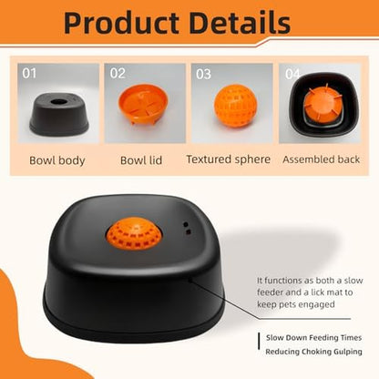 Slow Feeder Dog Bowl for Liquid Treats,Anti-Slip Entertained Ball-I Bone Broth Dog Lick Bowl, 3/4 Cup Capacity for for Large Medium Small Breeds Dietary Supplement/Post-Op Nutrition (Black)