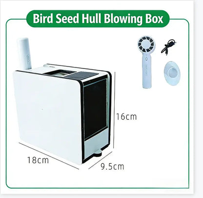 Bird Seed Hull Separator Blowing Box, Electric Bird Seed Cleaner Tool with Portable Fan & USB Cable, Automatic Seed Saver Chaff Catcher for Parrots, Budgies, Cockatiels, Canaries - No Mess Accessories