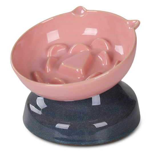 Ceramic Slow Feeder Cat Bowl, Raised Tilted Cat Food Bowl for Fast Eaters, Whisker Friendly Elevated Bowl, Dishwasher Safe for Dry & Wet Food