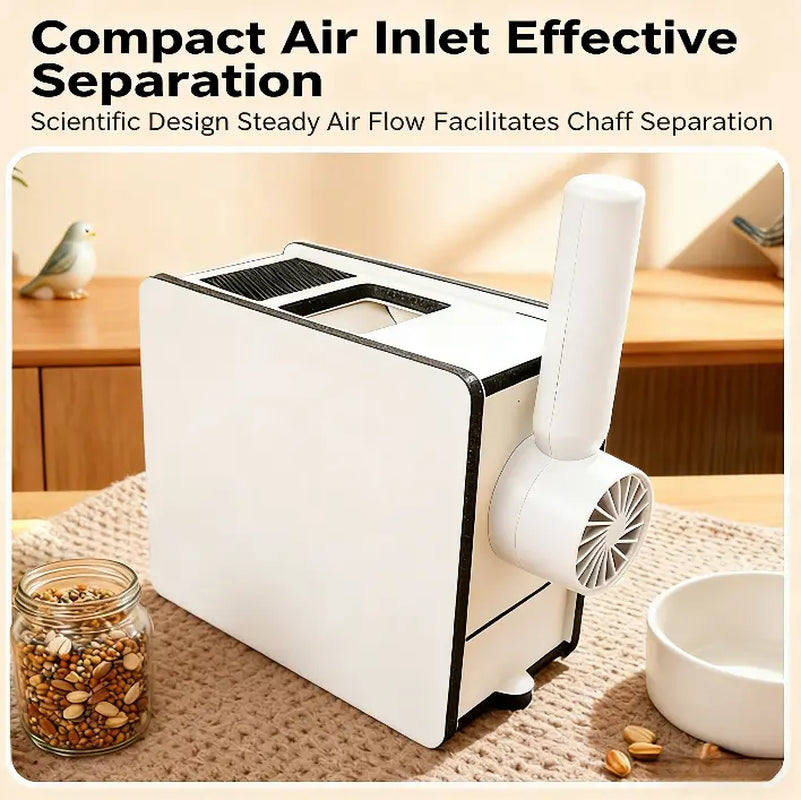 Bird Seed Hull Separator Blowing Box, Electric Bird Seed Cleaner Tool with Portable Fan & USB Cable, Automatic Seed Saver Chaff Catcher for Parrots, Budgies, Cockatiels, Canaries - No Mess Accessories