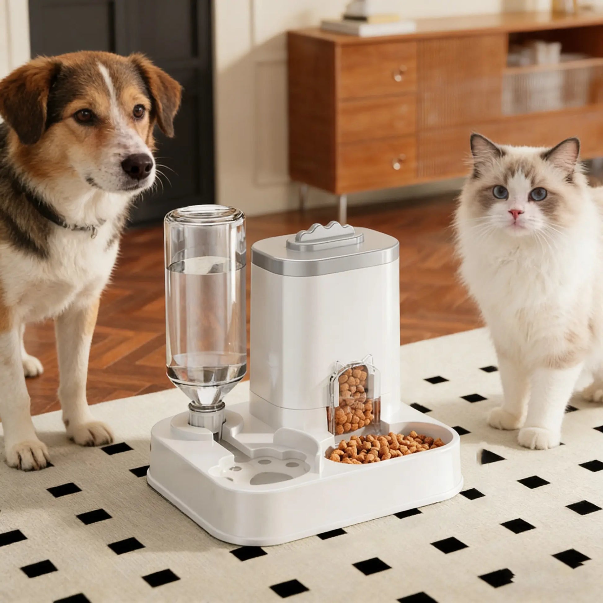 The Purr-fect Hydration Station: A Fancy Feline Fountain with a Snack Sink, No Batteries Required, for Thirsty Tails and Clean-Up Challenged Humans!