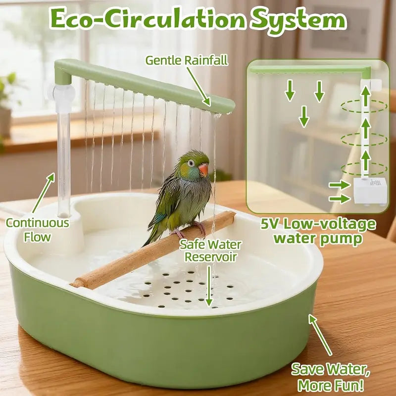 Automatic Bird Bath Tub with Water Shower & Wooden Perch for Cockatiels & Budgies