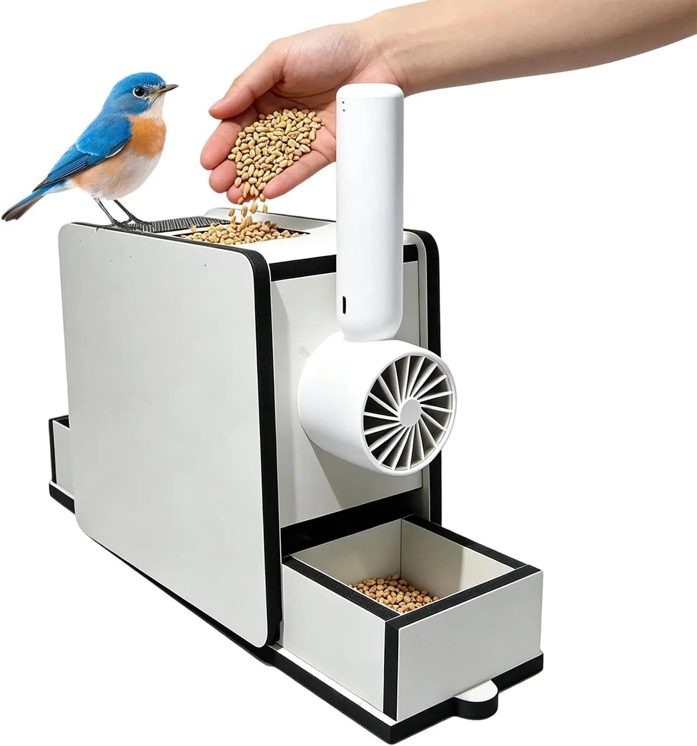 Bird Seed Hull Separator Blowing Box, Electric Bird Seed Cleaner Tool with Portable Fan & USB Cable, Automatic Seed Saver Chaff Catcher for Parrots, Budgies, Cockatiels, Canaries - No Mess Accessories