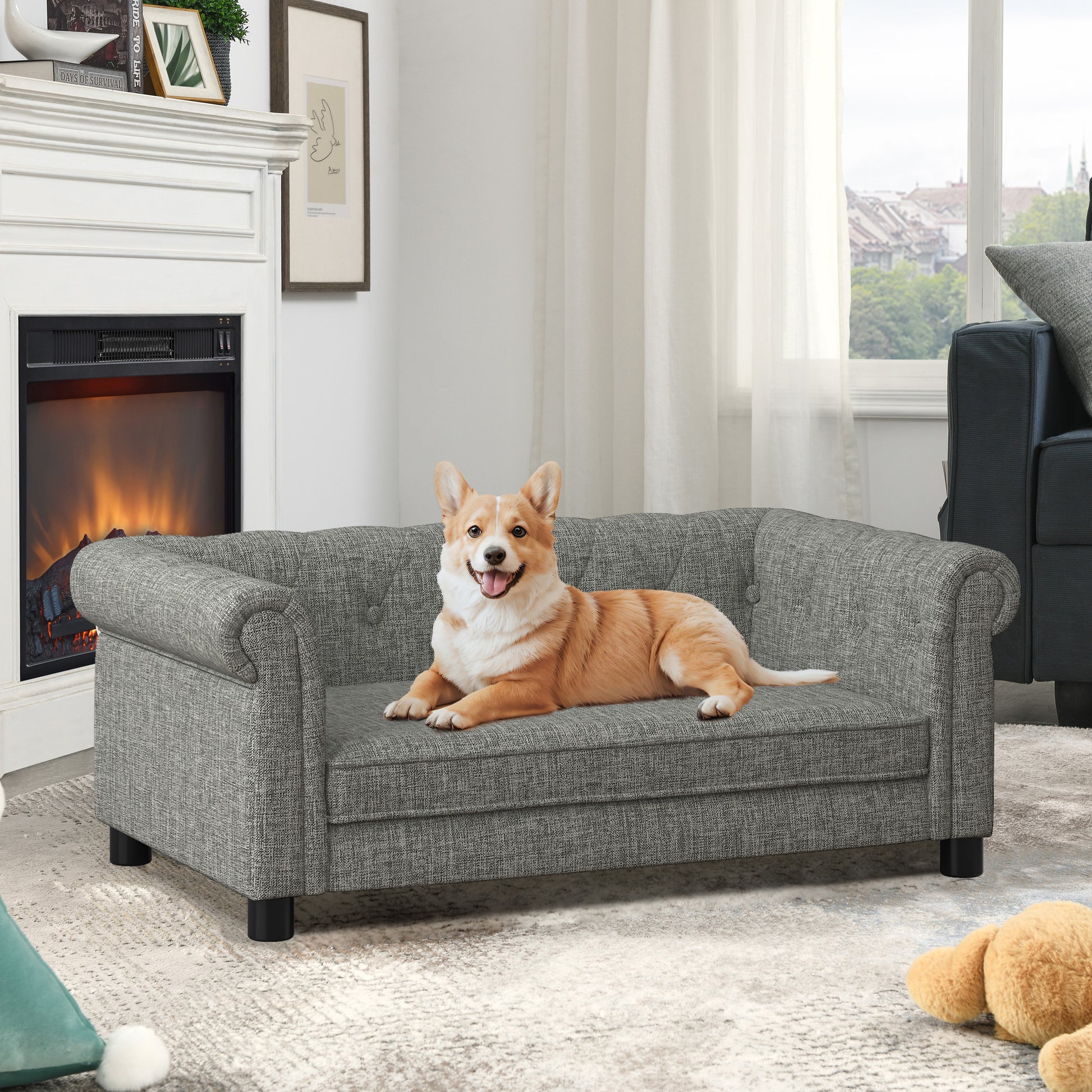 Elegant Rectangular Pet Bed for Small and Medium-Sized Dogs, Durable Elevated Dog Sofa Bed, Comfortable Dog Sofa, Modern and Fashionable Linen Fabric Dog Sofa-Light Grey